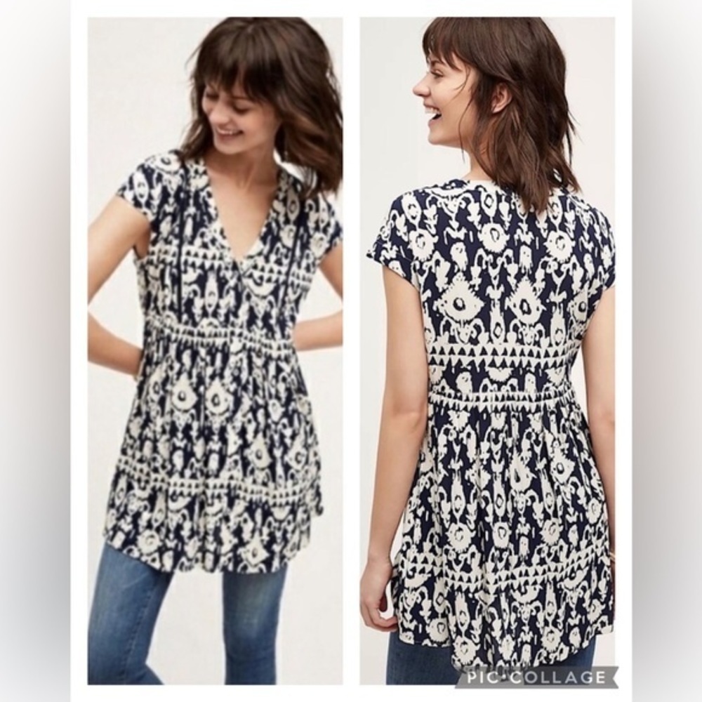 ANTHRO VANESSA VIRGINIA COTTAGECORE PRAIRIE BOHO WHITE FLOAT IKAT TUNIC SP